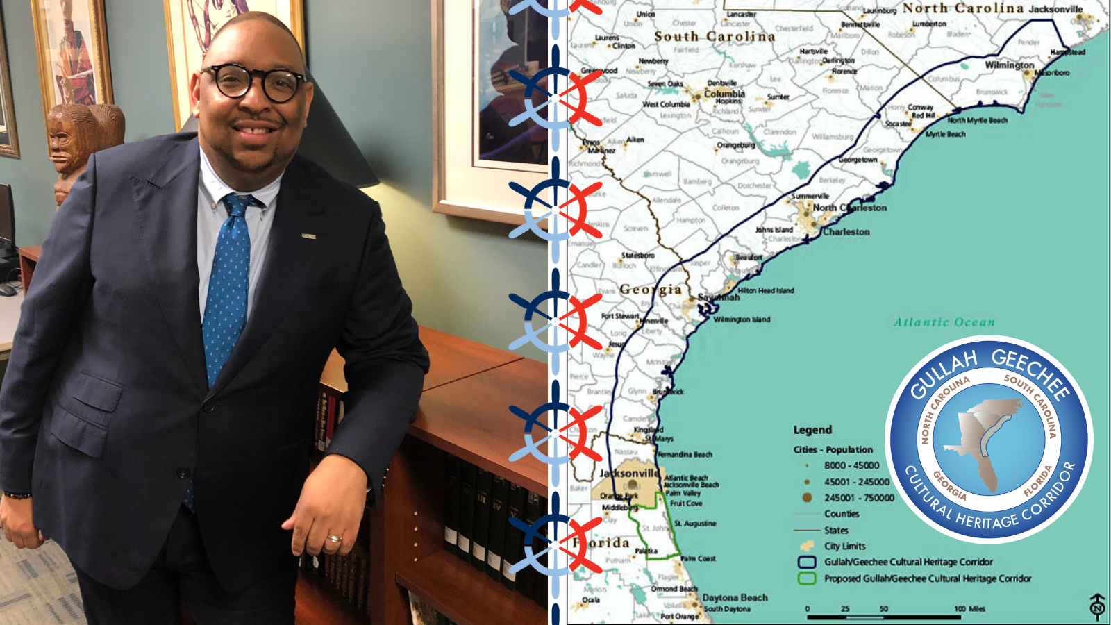 left side image of black man in round glasses and dark suit. right image of map of southeast US with logo in the water off Georgia