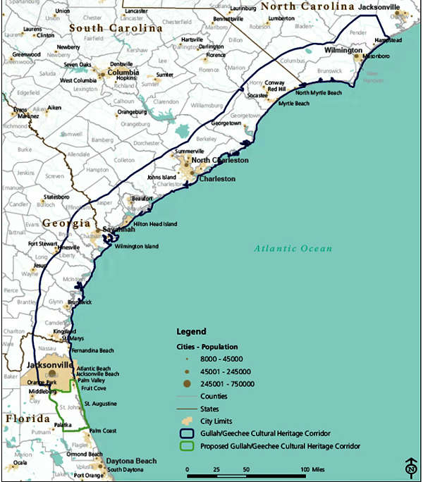 map of southeast united states showing range of Gullah-Geechee peoples