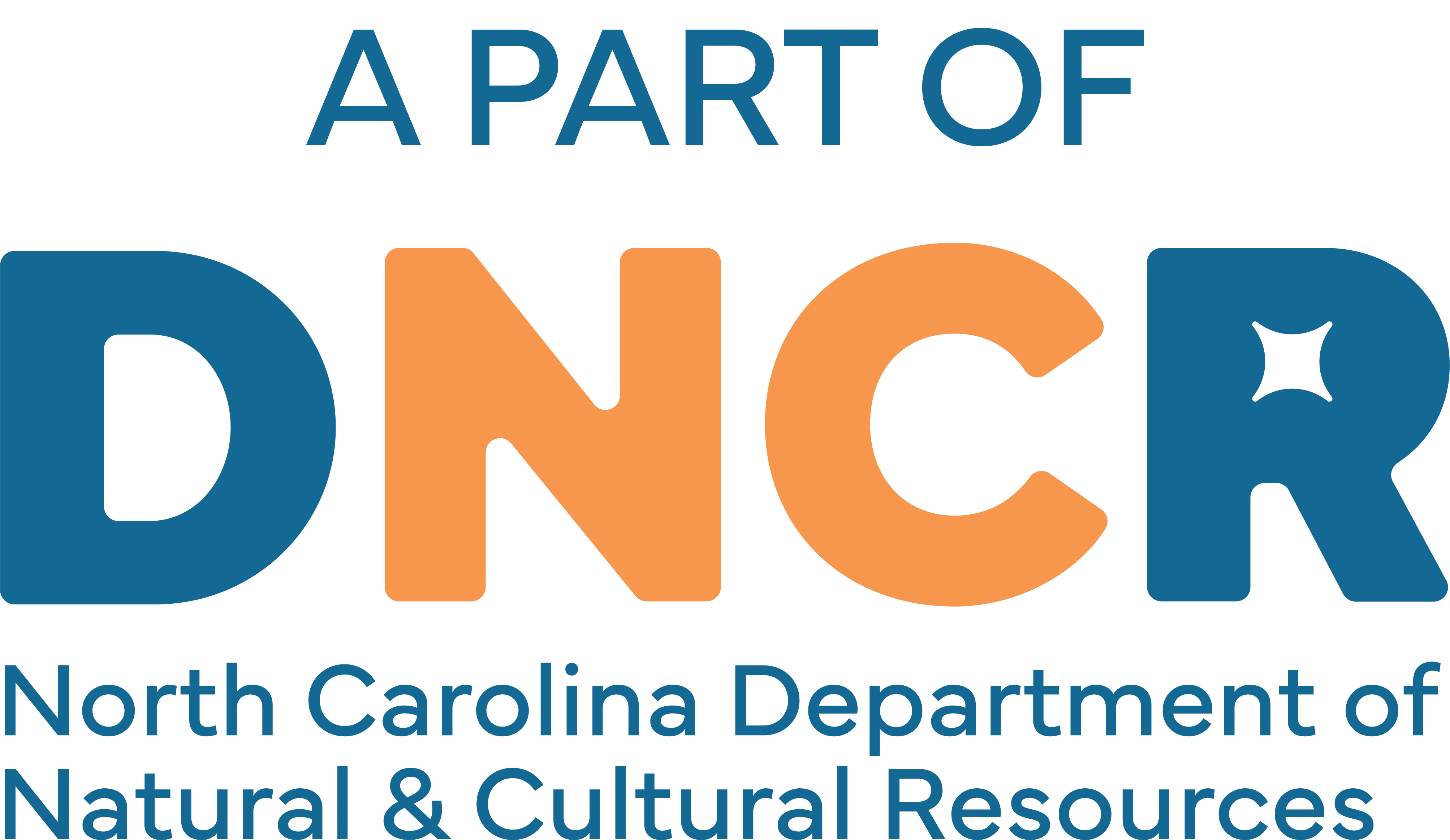 orange and blue logo for the north carolina department of natural cultural resources with the words a part of above DNCR